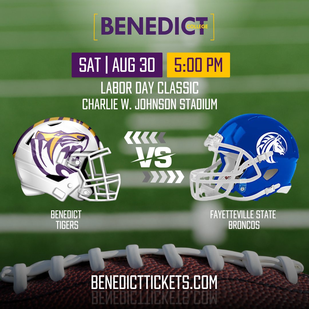 BenedictEDU's tweet image. Countdown to Kickoff! 🐾
Just 45 days until your Benedict Tigers take the field against the Fayetteville State Broncos at the Annual Labor Day Classic! 🔥
📅 Saturday, August 30, 2025
🕔 5:00 PM
📍 Charlie W. Johnson Stadium
The series is tied 3–3… and the Tigers are hungry to…