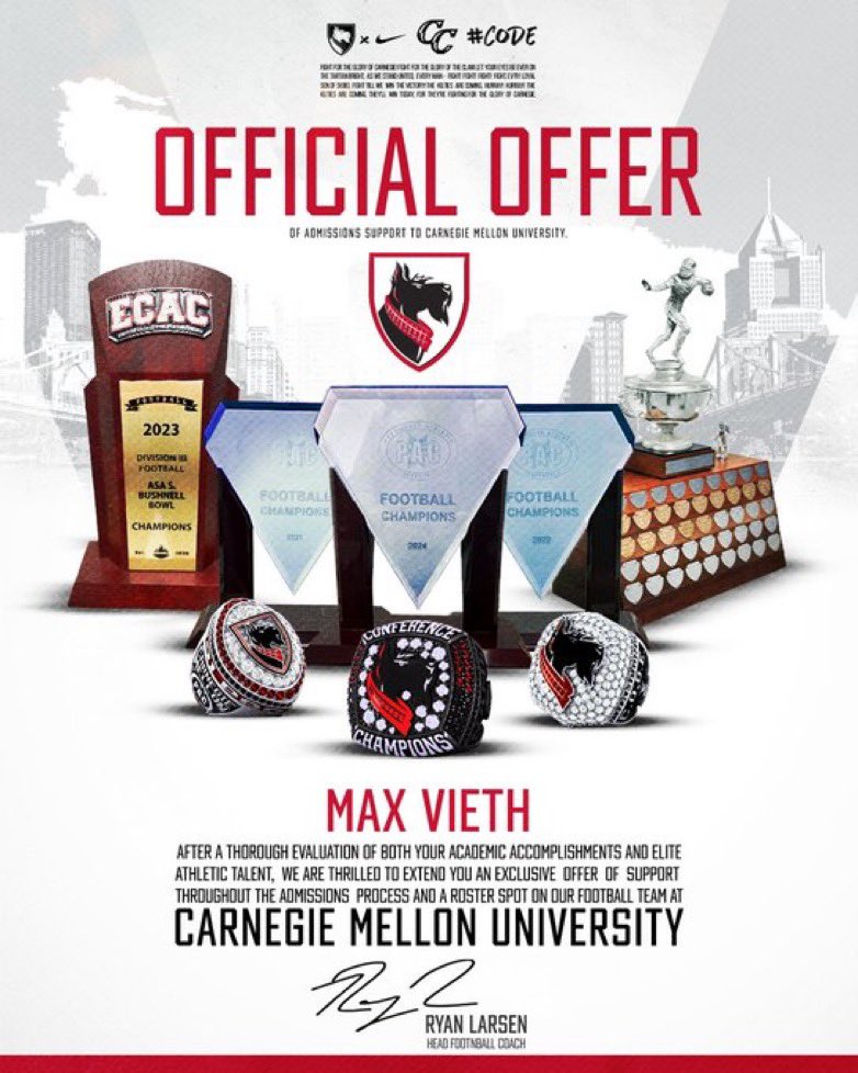 Max Vieth (@max_vieth) on Twitter photo After an amazing conversation with Coach Rountree, I am grateful to have received an offer to continue my football career at Carnegie Mellon!! <a href="/TartanFB/">Carnegie Mellon Football</a> Thank you <a href="/Coach_Kay19/">K. K. Rountree🇹🇹</a>! Go Tartans! #AGTG!!
<a href="/FHS_Knights/">Fairview Knights Football - Colorado</a> <a href="/warriorqbcoach/">Warren McCarty</a> After an amazing conversation with Coach Rountree, I am grateful to have received an offer to continue my football career at Carnegie Mellon!! <a href="/TartanFB/">Carnegie Mellon Football</a> Thank you <a href="/Coach_Kay19/">K. K. Rountree🇹🇹</a>! Go Tartans! #AGTG!!
<a href="/FHS_Knights/">Fairview Knights Football - Colorado</a> <a href="/warriorqbcoach/">Warren McCarty</a>