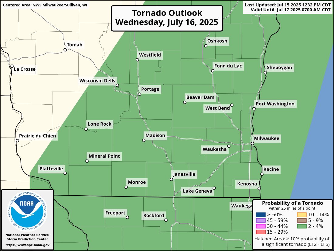 WaukeshaAlerts's tweet image. There is an elevated chance of severe weather tomorrow afternoon, all of Waukesha County is in a Level 2 of 5 severe risk. Instability will be moderate and upper level shear will also be moderate. Low level shear will be on the lower end which could cause storms to be somewhat…