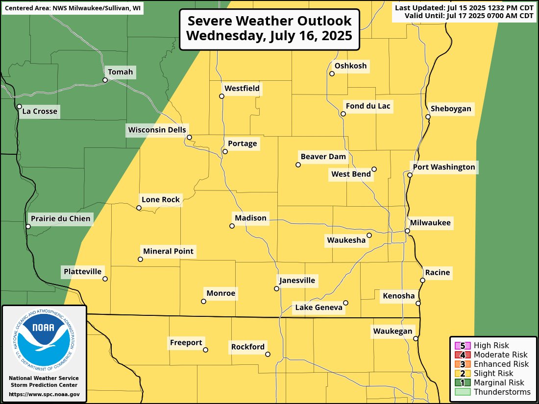 WaukeshaAlerts's tweet image. There is an elevated chance of severe weather tomorrow afternoon, all of Waukesha County is in a Level 2 of 5 severe risk. Instability will be moderate and upper level shear will also be moderate. Low level shear will be on the lower end which could cause storms to be somewhat…