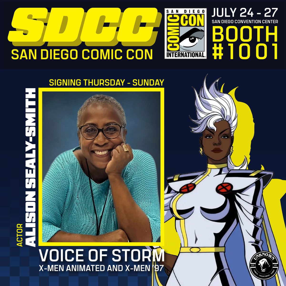 Unknown_Comics's tweet image. Weather the storm! ⚡
Meet Alison Sealy-Smith, the powerful voice of Storm (X-Men TAS & '97), at SDCC! Find her at Booth #1001, July 24-27!
#SDCC #Storm #AlisonSealySmith #XMen #VoiceActor