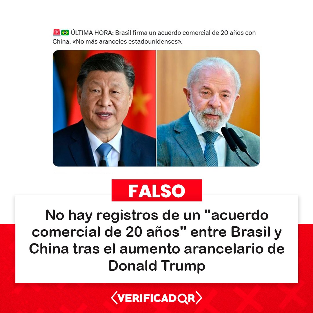 🔍 Publicaciones virales dan cuenta de un supuesto acuerdo comercial de 20 años entre Brasil y China, luego del aumento arancelario de Donald Trump el 9 de julio. Sin embargo, no hay registros oficiales que acrediten tal anuncio.

👉 Nota completa: bit.ly/brasil-acuerdo
