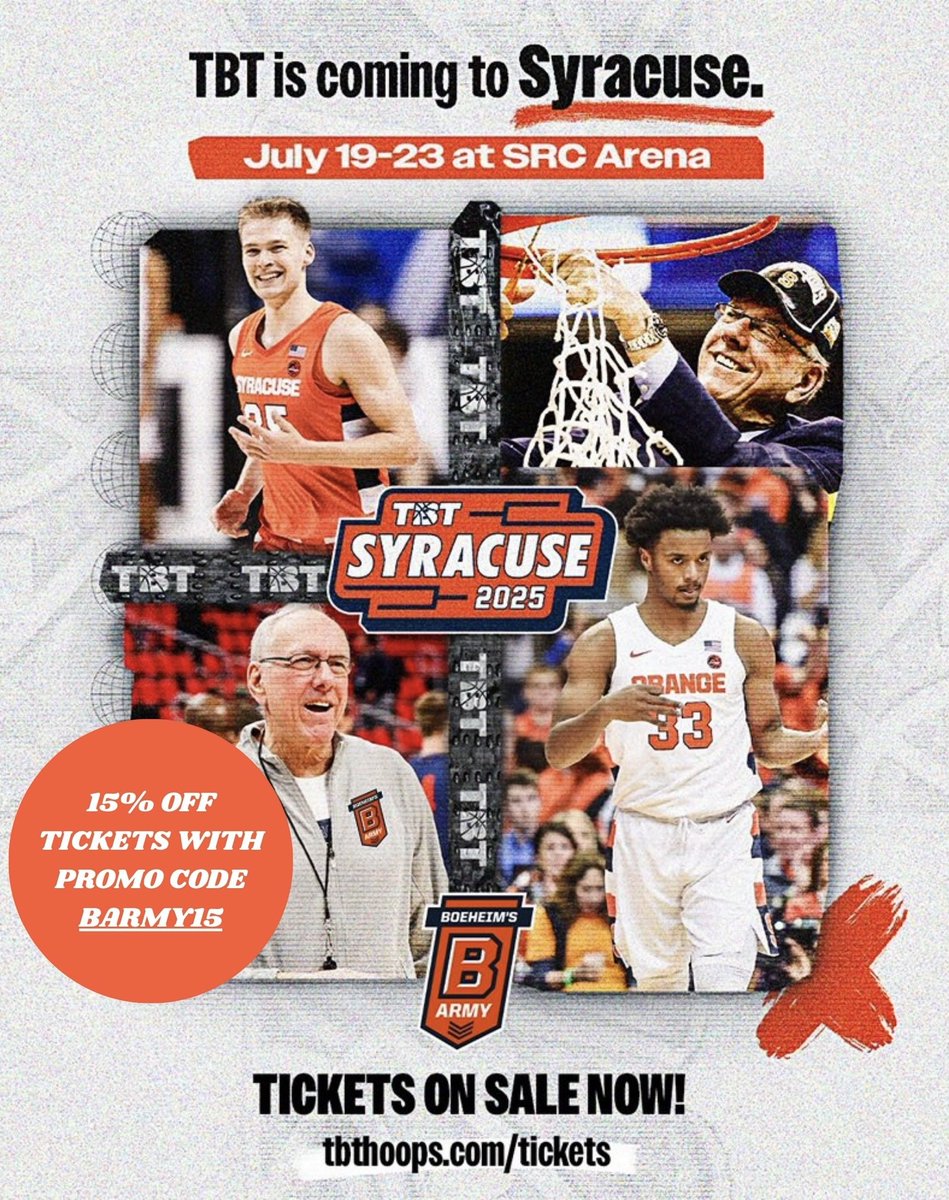 SUAlums's tweet image. 🏀 TBT Returns to Syracuse July 19!

@BoeheimsArmy is back at SRC Arena with legends like Buddy Boeheim &amp;amp; Elijah Hughes, battling for $1 million! 💰

🎟️ @SyracuseU alumni can get 15% off tickets with code BARMY15 | bit.ly/3IvBZzN