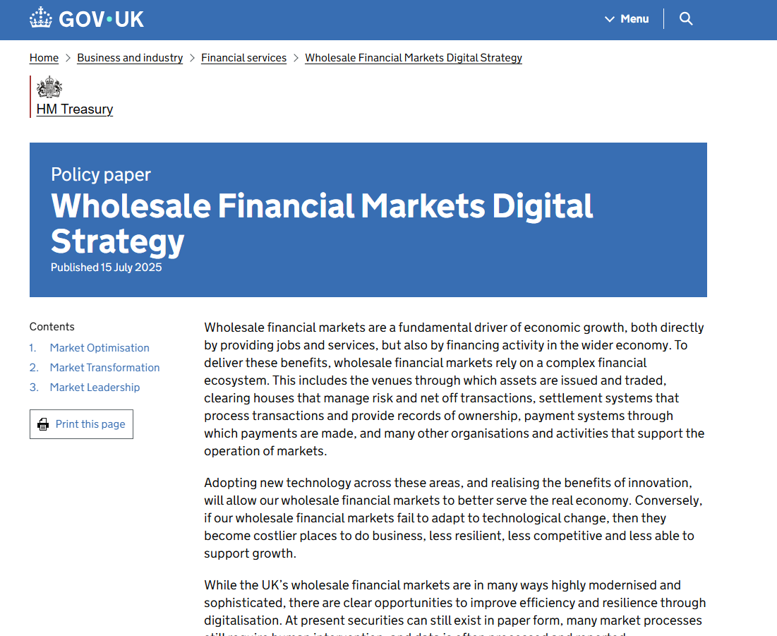 🚨 BREAKING: "Il governo britannico lancia una strategia per la digitalizzazione dei mercati finanziari all'ingrosso"