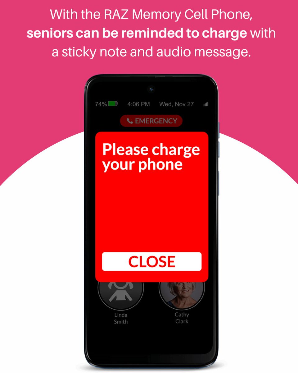 Seniors don’t always notice when their phone needs charging.

With the RAZ Memory Cell Phone, caregivers can set a chrging reminder. When the phone's battery drops below the predefined level, a reminder appears on the screen, and the senior can also hear a voice prompt reminding