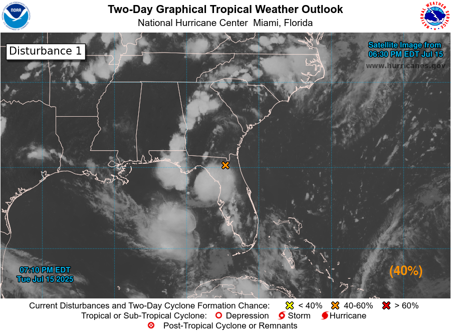 NHC_Atlantic's tweet image. 8pm 7/15: A low pressure area (Invest #93L) could emerge over the far northeastern & north-central Gulf, approaching Louisiana on Thursday as it moves westward. Environmental conditions over the Gulf are generally favorable, and a tropical depression could form if the system…