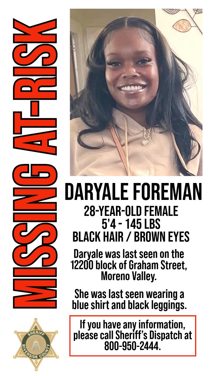 RSO's tweet image. At- Risk #MissingPerson - Daryale Foreman
If you have any information on Daryale’s whereabouts, please contact RSO dispatch at 800-950-2444.
Thank you.
