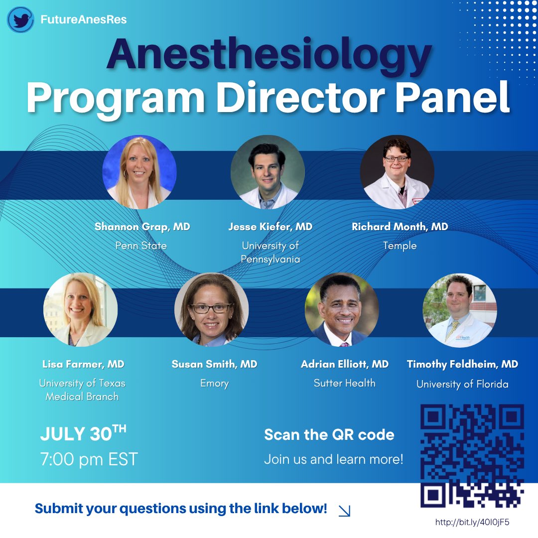 FutureAnesRes's tweet image. Calling all #Match2026 applicants!
Join us for the FutAnesRes Program Director Panel — featuring PDs from top anesthesiology residencies sharing tips on ERAS, interviews, and ranking strategy!
Open to all med students applying this cycle!
Live Q&A included
7/30 @ 7:00 EST