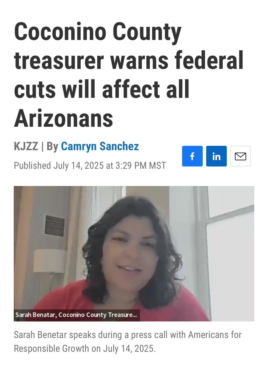 CoCoTreasury's tweet image. Coconino County Treasurer Sarah Benatar speaks with Americans for Responsible Growth about her concerns for how Arizonans will be impacted by federal funding cuts. She said “It’s going to hit all of our communities”. Read more at kjzz.org
