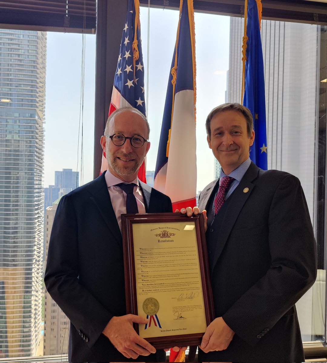 It was an honor to present a resolution recognizing France's contribution to Missouri as an export partner on Bastille Day. Special thanks to Consul General Yannick Tagand for all his work and partnership.