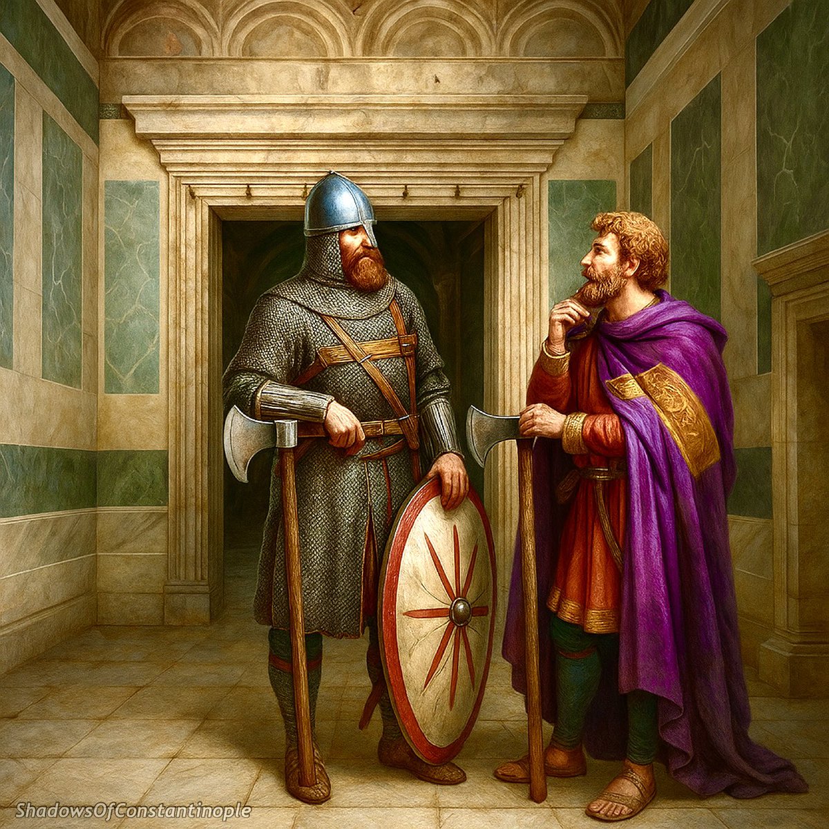 RomeInTheEast's tweet image. Varangians on guard at the Hagia Sophia in Constantinople.