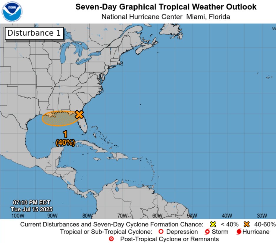 NHC_Atlantic's tweet image. 8pm 7/15: A low pressure area (Invest #93L) could emerge over the far northeastern & north-central Gulf, approaching Louisiana on Thursday as it moves westward. Environmental conditions over the Gulf are generally favorable, and a tropical depression could form if the system…