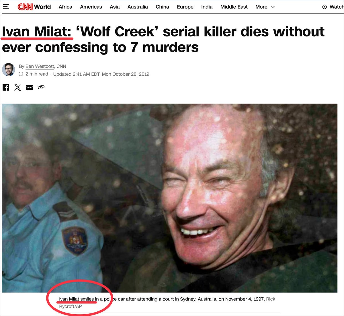 TheNoisyTrunk's tweet photo. Interesting detail:
Bradley John Murdoch's full name was used in media reports as early as 2002 — not for the #Falconio case, but for an unrelated charge that was later dropped.
By the time he was publicly named in the Falconio investigation, the media was already using the full name as standard.
It’s a subtle reminder that how someone is presented in the news can shape public perception long before a trial begins.
"Bradley John Murdoch" - Bradley Murdoch.
Martin Bryant - Martin John Bryant
Peter Dupas (Peter Norris Dupas)
Martin Bryant (Martin John Bryant)
Katherine Knight (Katherine Mary Knight)
David Birnie (David John Birnie)
Ivan Milat (Ivan Robert Marko Milat)