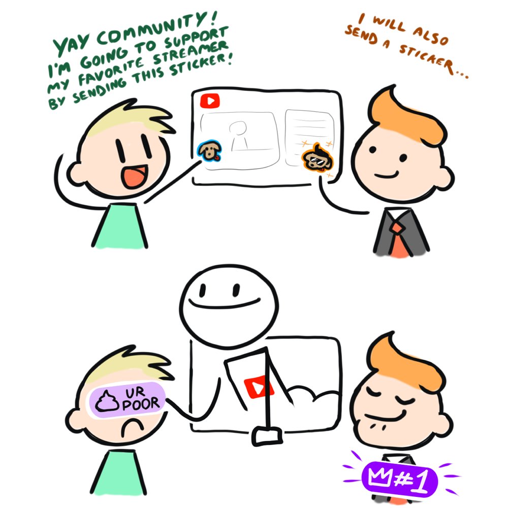 RenardAnimation's tweet image. Ah yes, @YouTube . Viewers having their Wealth Disparities shoved in their faces with no option, neither for the Streamer, nor locally by the individual viewer, to visibly disable them (yet).
That's... uh, that's a Community Choice, indeed.