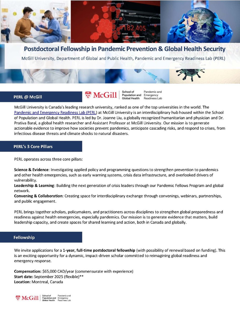 McGill TB Centre (@mcgill_tb) on Twitter photo Postdoctoral Fellowship in Pandemic Prevention & Global Health Security <a href="/McGill_SPGH/">McGill School of Population and Global Health</a>
mcgill.wd3.myworkdayjobs.com/en-US/McGill_C… Postdoctoral Fellowship in Pandemic Prevention & Global Health Security <a href="/McGill_SPGH/">McGill School of Population and Global Health</a>
mcgill.wd3.myworkdayjobs.com/en-US/McGill_C…