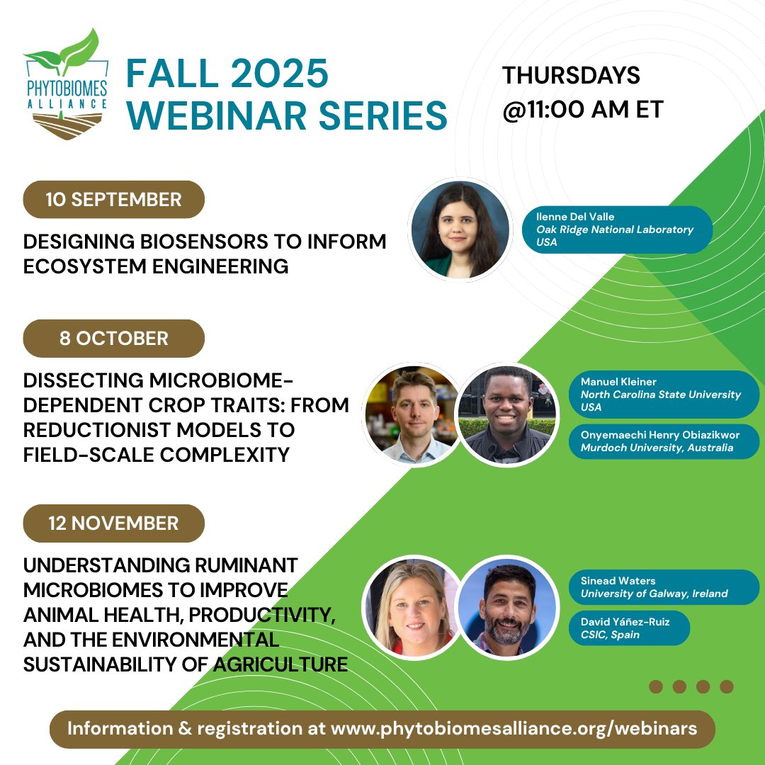 PhytoBiomes's tweet image. This fall, join us for 3 expert-led webinars:
 🧪 10 Sept – Biosensors for plant microbiome monitoring
 🌱 8 Oct  – Plant Microbiomes: lab vs. field research
 🐄 12 Nov – Ruminant microbiomes, health &amp;amp; agricultural sustainability

 🔗 phytobiomesalliance.org/webinars/