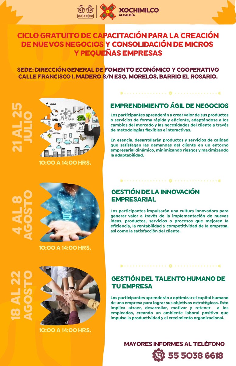Emprendedoras y emprendedores, hagan que su negocio crezca como nunca. 📈 🚀

Este julio y agosto, capacítense gratis en creación, innovación y gestión para llevar su proyecto al siguiente nivel.

📞 Informes al 55 5038 6618
#DesdeElPuebloYParaElPueblo
#TierraDeGuardianes 🌿
