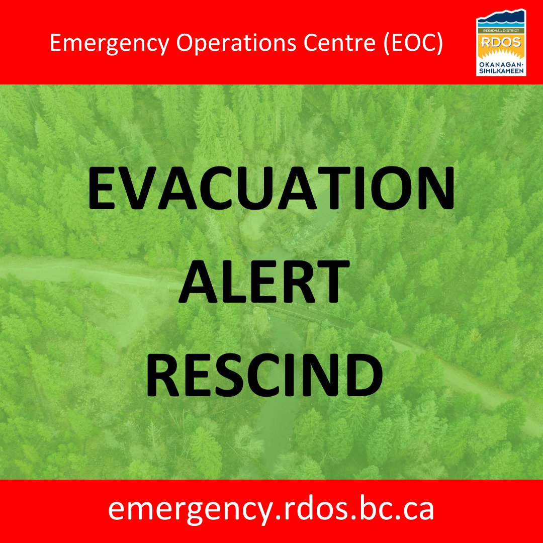 EmergMgtRDOS's tweet image. RDOS EOC Update: Evacuation Alert RESCINDS

August Lake Wildfire (K60923) and Lower Young Creek Wildfire (K50911)

Click the link to view the information release: rdos.bc.ca/assets/EOC-Inf…