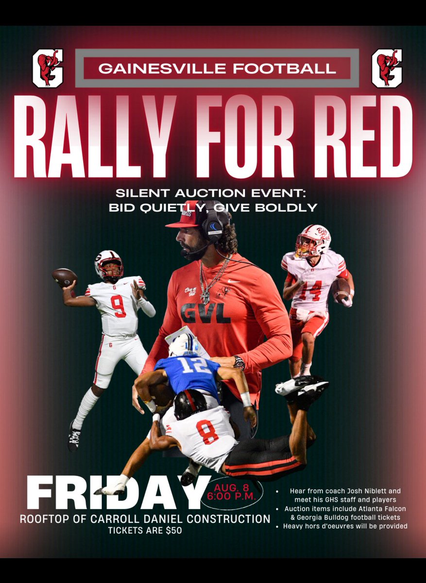Gainesville HS Football (@redelephant_fb) on Twitter photo Let’s Rally Together & Support 🔴🐘🏈
Join Coach <a href="/JoshNiblett/">Josh Niblett</a>, staff, & players!
Help us Build something Special!
🗓️ Friday, August 8 • 6PM
<a href="/CarrollDanielCo/">Carroll Daniel</a> Rooftop
Link in Bio⬆️ Let’s Rally Together & Support 🔴🐘🏈
Join Coach <a href="/JoshNiblett/">Josh Niblett</a>, staff, & players!
Help us Build something Special!
🗓️ Friday, August 8 • 6PM
<a href="/CarrollDanielCo/">Carroll Daniel</a> Rooftop
Link in Bio⬆️