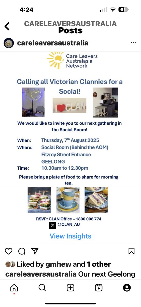 Our next Geelong social is on 7th August at social room in Fitzroy St entrance 

10.30- 12.30 
Please bring a plate to share 
Let’s talk about Vic Redress - have you been paid yet ?‼️
&amp; anything else you want talk about Clannies 
See you then 🌺💙💐