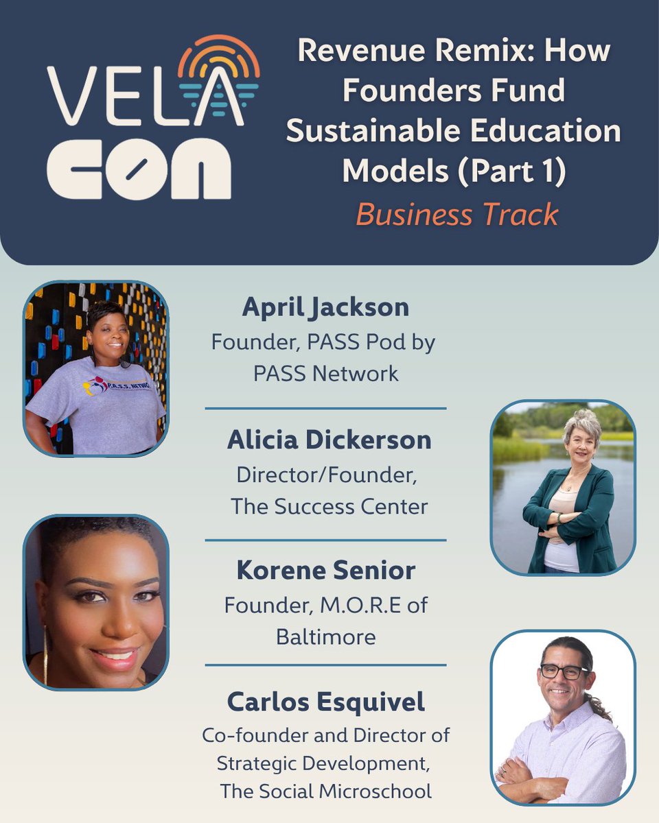 VELAorg's tweet image. ✨ VELA Con programming showcase | Business track: “Revenue Remix: How Founders Fund Sustainable Education Models (Part 1)” featuring April Jackson, Alicia Dickerson, Korene Senior, Carlos Esquivel.
---
Building a sustainable education business means more than just covering…