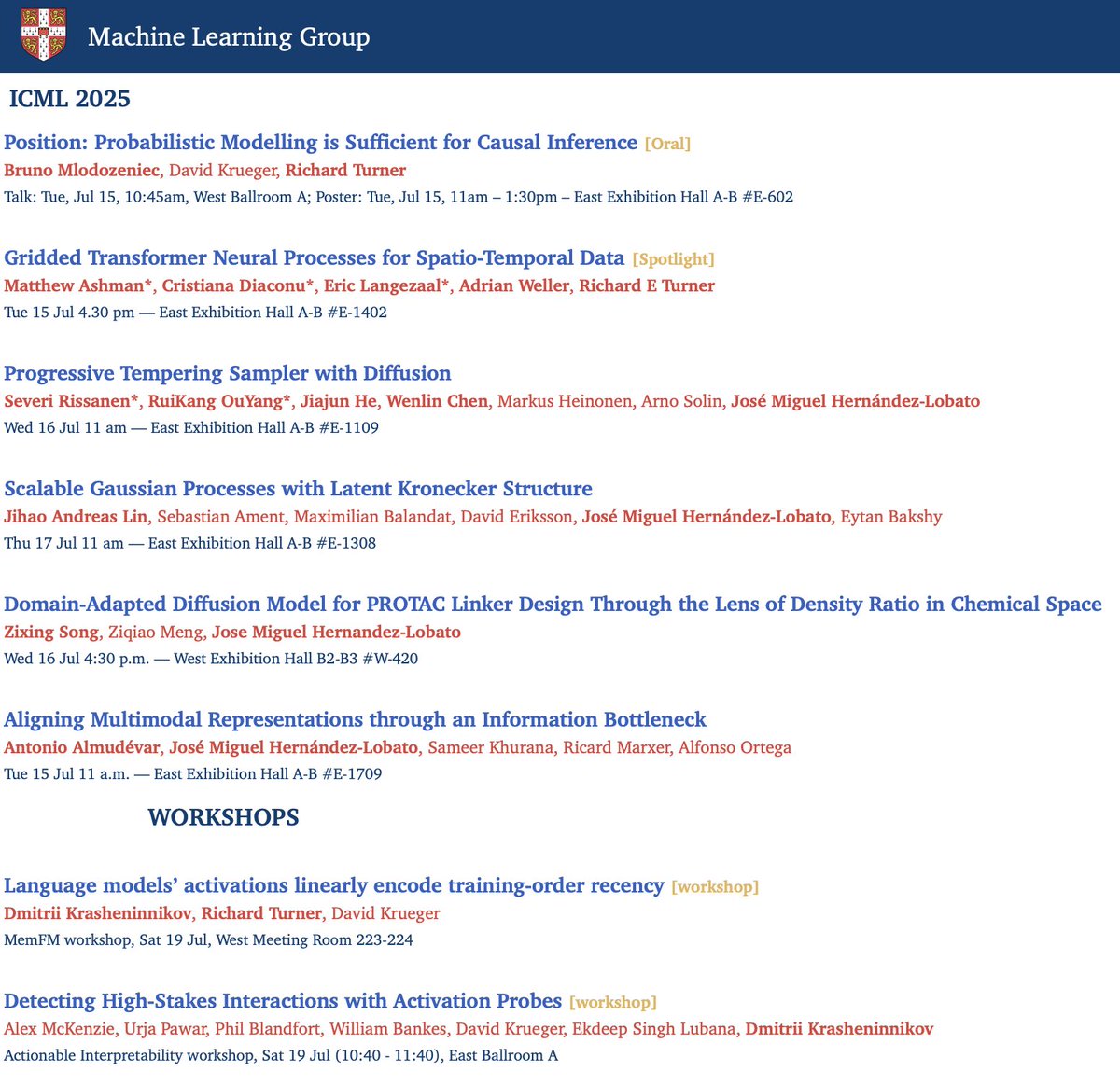 CambridgeMLG's tweet image. Come check-out the MLG papers at #ICML2025 in Vancouver! The schedule for all the posters below⬇️