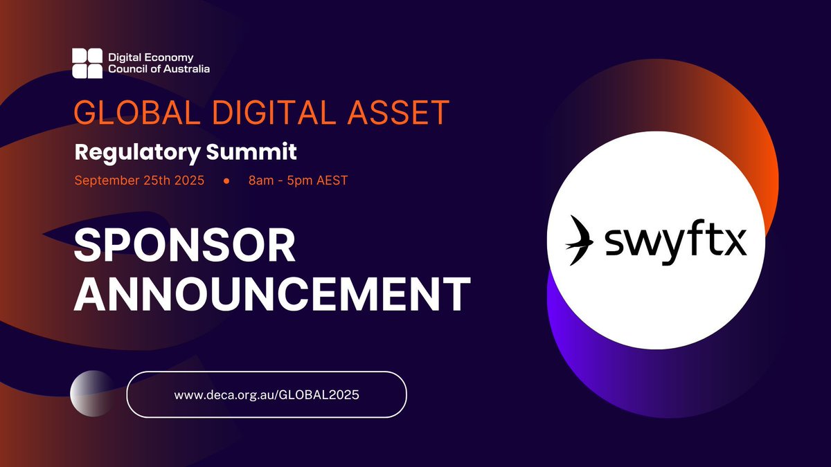 DECAustralia's tweet image. We are excited to welcome @SwyftxAU as a sponsor of the Global Digital Asset Regulatory Summit 2025.
Founded in 2018, Swyftx is one of Australia and New Zealand’s most progressive cryptocurrency exchanges
📍 Online | 25 September 2025
🔗 Register here events.zoom.us/ev/AmXO_qmAzLl…
