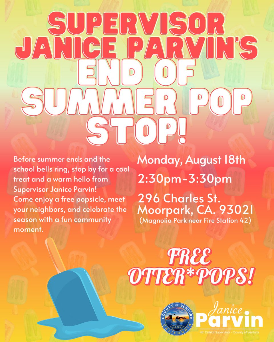 vcjaniceparvin's tweet image. TWO End of Summer Pop Stops! FREE Otter Pop
📍 Simi Valley
🗓️ Tuesday, July 29th | ⏰ 2:30–3:30 PM
📌 2969 Tapo Canyon Rd. (In front of the Simi Valley Library)
📍 Moorpark
🗓️ Monday, August 18th | ⏰ 2:30–3:30 PM
📌 296 Charles St. (Magnolia Park near Fire Station 42)