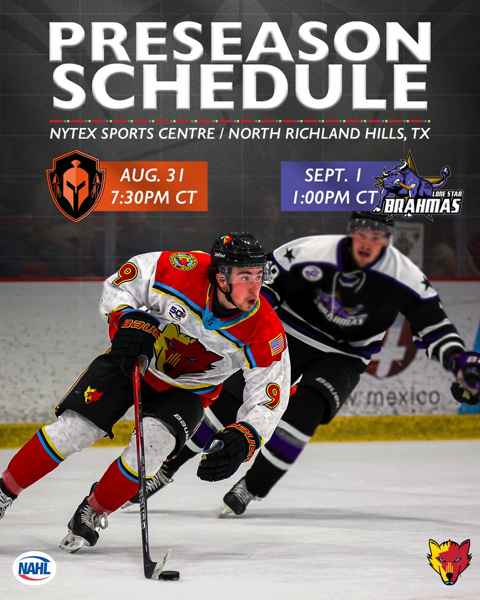 NMIceWolves's tweet image. Our preseason games are set at the Nytex Sports Centre ✅
8/31 at 7:30pm CT/6:30pm MT vs. Oklahoma Warriors
9/1 at 1:00pm CT/12:00pm MT vs. Lone Star Brahmas
You can watch both games from home on NATV 📺