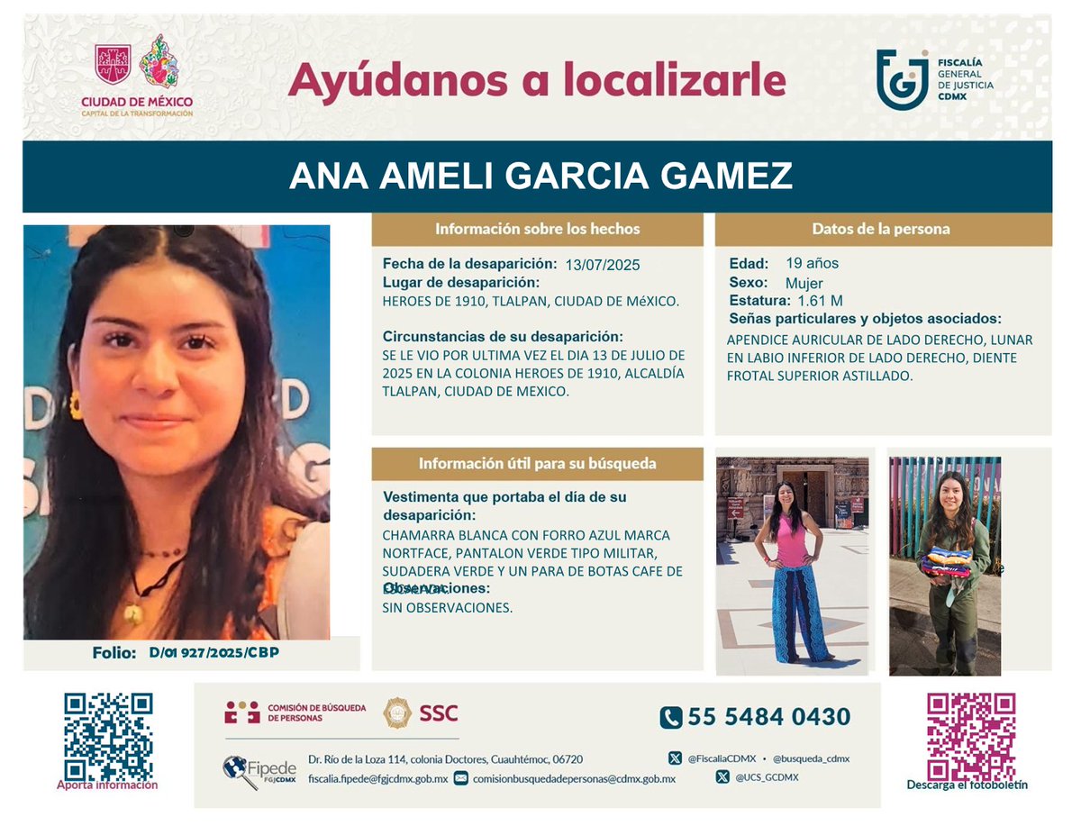 Democracia_mx's tweet photo. 🚨🚨🚨 URGENTE 🚨🚨🚨

 Ana Ameli García Gamez, estudiante de biología de la Facultad de Ciencias #UNAM

Ayúdanos a localizarla.

#Comparte #TeBuscamos #AlertaAmber #DesaparecidosMéxico #HastaEncontrarles https://t.co/Iyg8WhOm5X