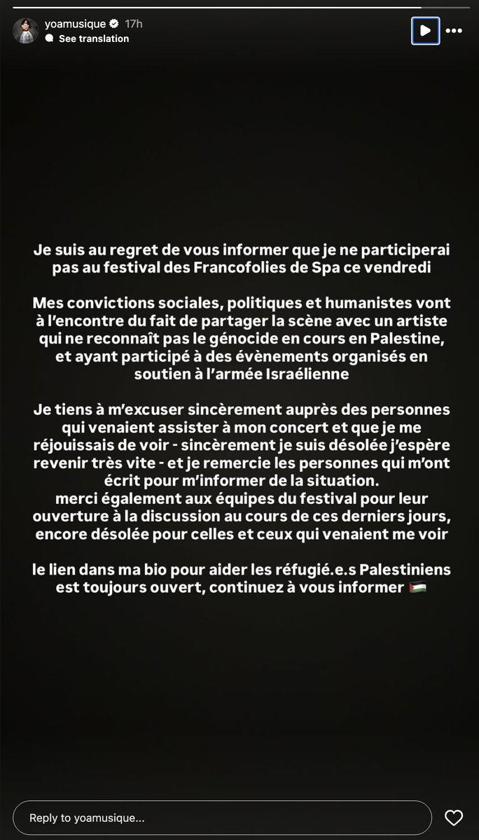_🫥🫥🫥_ (@boycottds) on Twitter photo <a href="/CitizenMediaFR/">Citizen Média 🗞️</a> La chanteuse Yoa a annoncé, sur son compte instagram, qu'elle ne se produirait pas aux Francofolies.
"Mes convictions sociales, politiques et humanistes vont à l'encontre du faire de partager la scène avec un artiste qui ne reconnaît pas le génocide en cours en Palestine". <a href="/CitizenMediaFR/">Citizen Média 🗞️</a> La chanteuse Yoa a annoncé, sur son compte instagram, qu'elle ne se produirait pas aux Francofolies.
"Mes convictions sociales, politiques et humanistes vont à l'encontre du faire de partager la scène avec un artiste qui ne reconnaît pas le génocide en cours en Palestine".