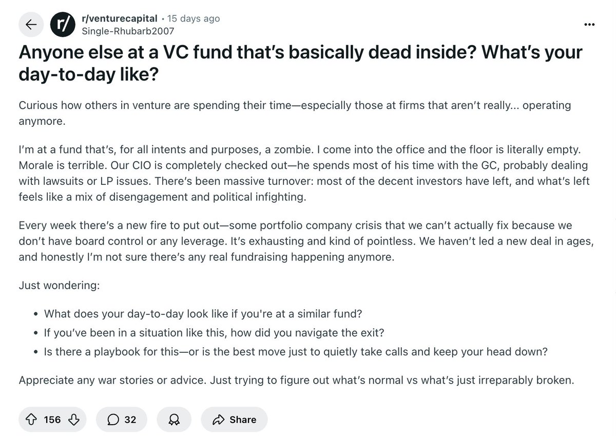 slow's tweet image. Venture capital is shrinking so quickly that jr investors are running to reddit for career advice