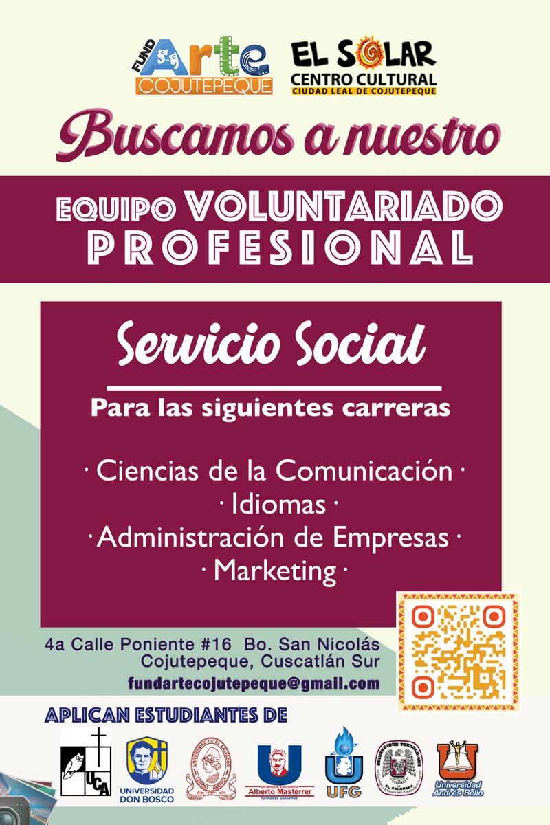 AVISO
Servicio social para estudiantes universitarios que vivan en #Cojutepeque o cercanos a nuestro municipio:
que sean empáticos por las #artes y el #desarrollo #cultural
PROPUESTA DE SERVICIO SOCIAL:
*Equipo MULTIMEDIA de Voluntariado
* Equipo de Voluntariado Profesional