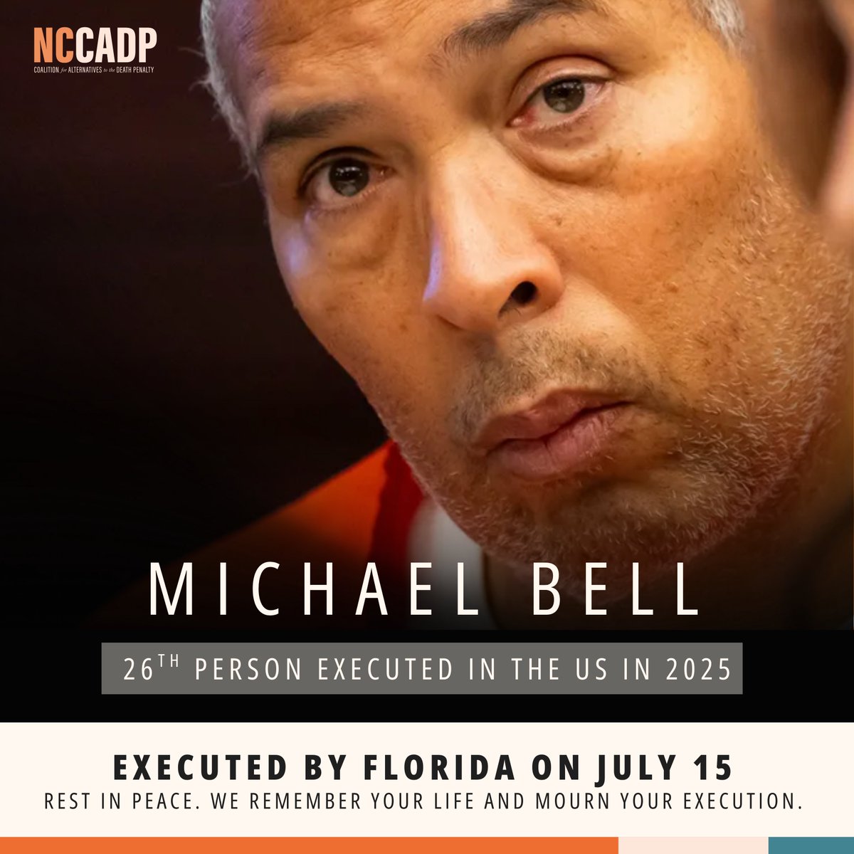 NCCADP's tweet image. Florida has executed Michael Bell. This is the 26th execution in the US in 2025.
Rest in peace, Mike. We mourn your execution, and we remember your life. #MichaelBell