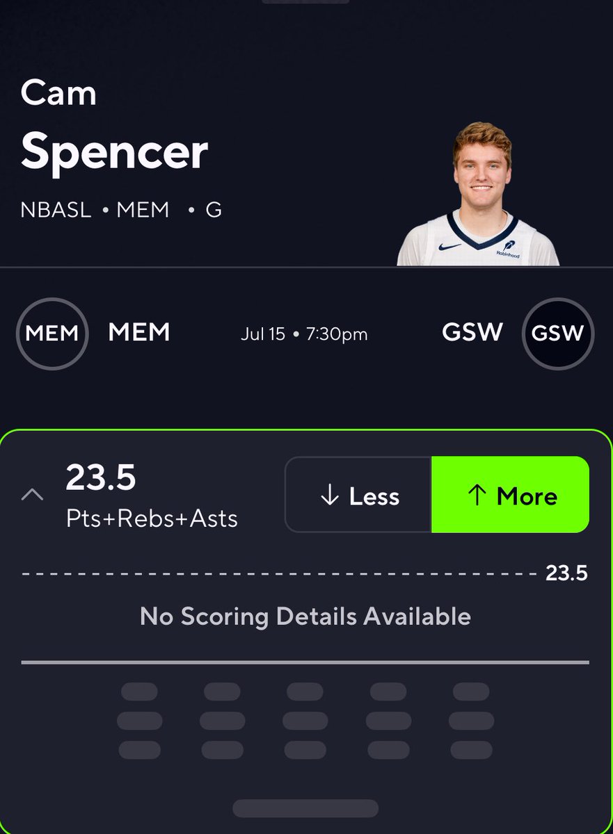 elibasket10's tweet image. Here is a 💎 

Cam Spencer is playing his brothers team, even though Pat isn’t playing, look for little brother to go to work 🫡

#FreeProp #NBASL #PrizePicks