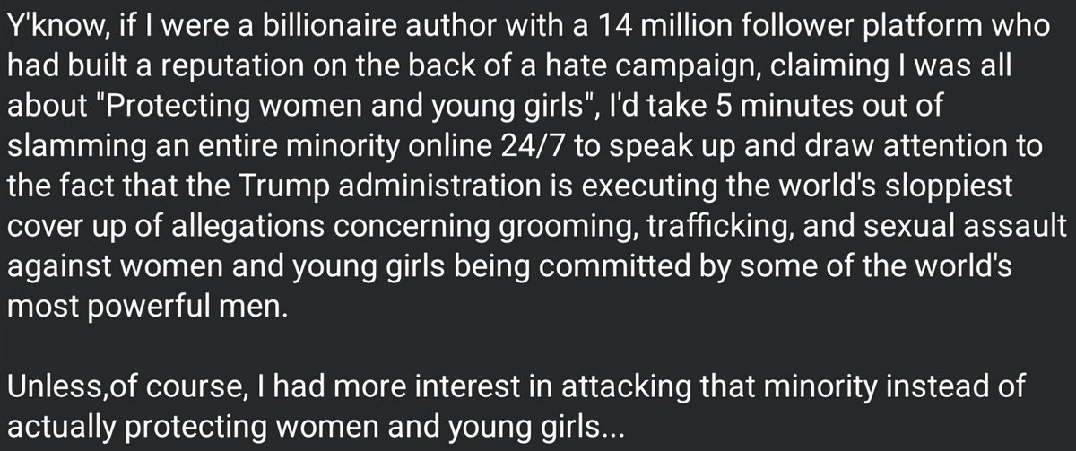 The Studwall Riot (@studwallriot) on Twitter photo .<a href="/jk_rowling/">J.K. Rowling</a> Hey, Joanne. Just wondering when you, self defined champion of protecting women and young girls, are going to use your platform and clout to speak up about this very obvious cover up of trafficking and abusing women and young girls? .<a href="/jk_rowling/">J.K. Rowling</a> Hey, Joanne. Just wondering when you, self defined champion of protecting women and young girls, are going to use your platform and clout to speak up about this very obvious cover up of trafficking and abusing women and young girls?