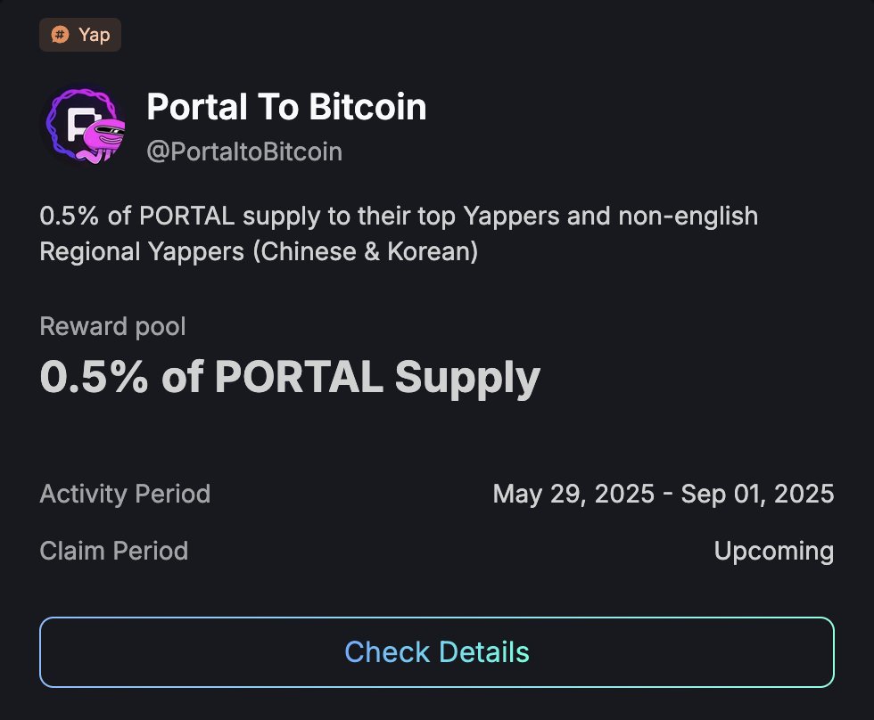 I am bullish on <a href="/PortaltoBitcoin/">Portal</a>

 Tokenomics breakdown: 

🔵 $PORTAL Utility Liquidity providers  enjoy: 
🎈High rewards 
🎈Fast transactions with low slippage 🎈0.3% platform fee fully allocated to buyback &amp; burn 

🔵Airdrop Details
🎈 0.5% of supply for Yappers 
🎈 Remaining