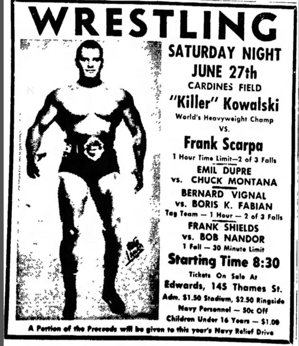 cory_m_santos's tweet image. A rare late-50s Paul Bowser card outside of his Boston base — this one from Newport, RI (June 27, 1957).
The mysterious masked man (from Montreal, no less), Boris K. Fabian, was none other than local standout and longtime veteran, "Rebel" Bob Russell.