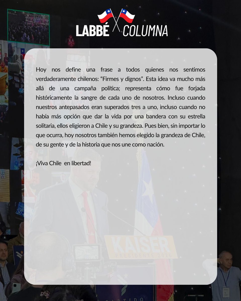 Más de 3 mil personas en el lanzamiento de <a href="/Jou_Kaiser/">Johannes Kaiser. Diputado por el distrito 10</a> lo confirman: la mayoría silenciosa ha despertado. Hoy, firmes y dignos, elegimos a Chile y su grandeza por sobre la comodidad del sistema.