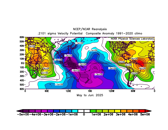 AndyHazelton's tweet image. Based on a suggestion from @WxTca, I applied my analog matching technique for SSTs to "velocity potential" (a metric for large-scale rising/sinking motion) from the NCEP/NCAR reanalysis. The Top 10 years (since 1980) based on this metric for May-June were:
2001 2004 2023…