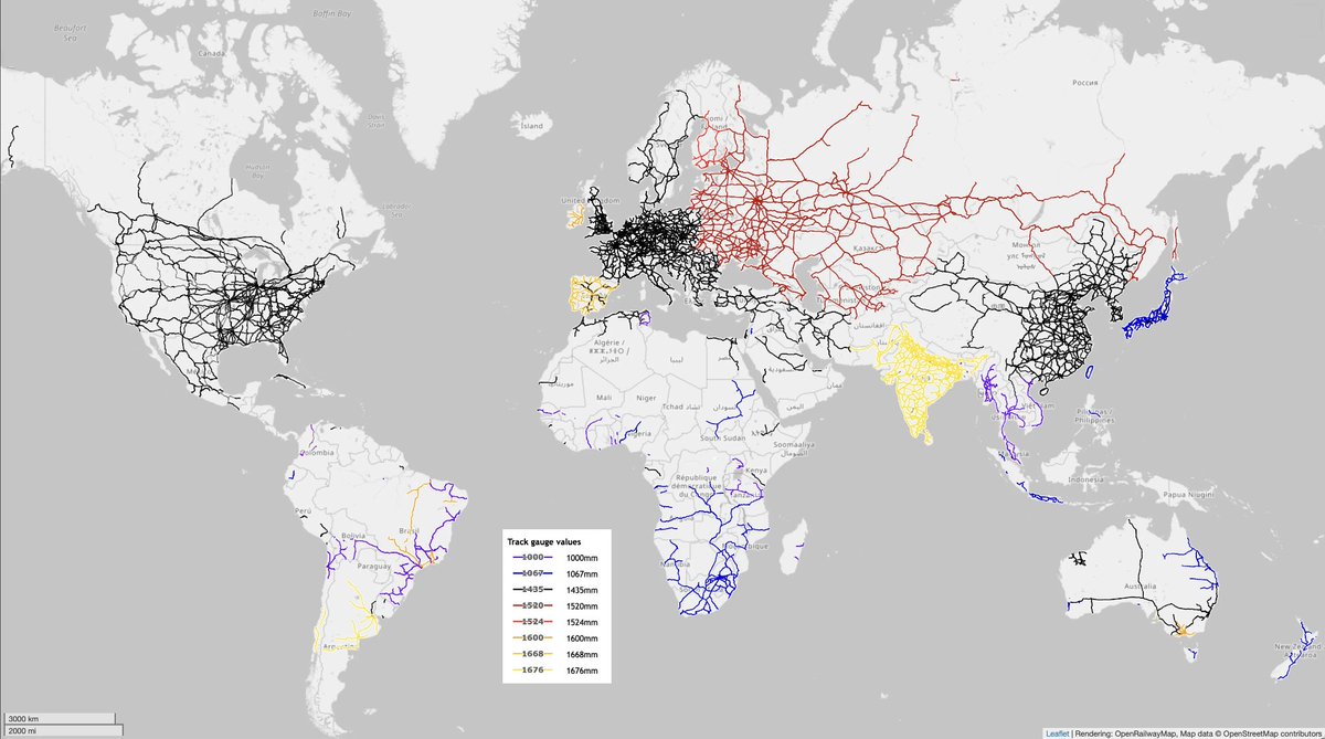 Map of the world's railways showing the different gauges in use