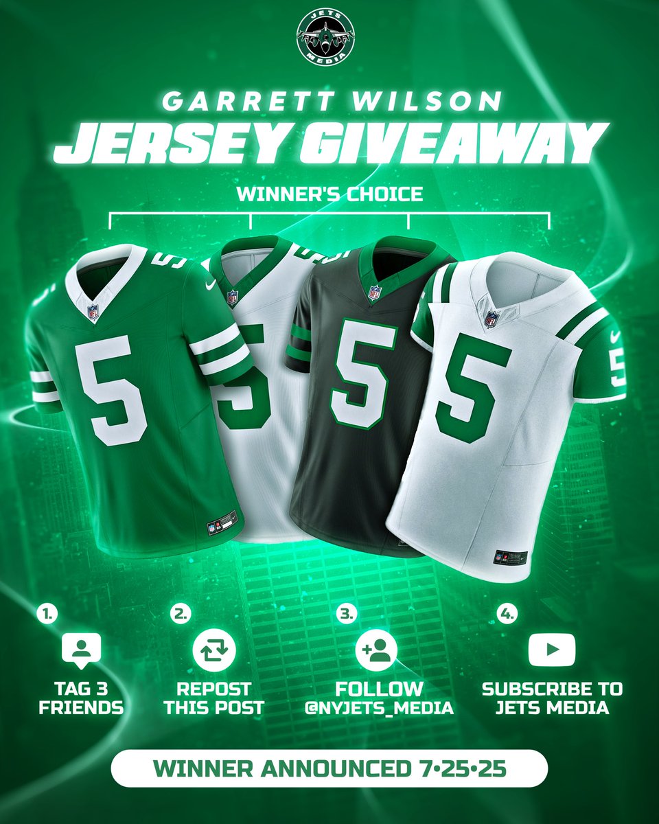 NYJets_Media's tweet image. In honor of Garrett Wilson signing his long term extension:
I want to giveaway a FREE G5 Jersey !
(Sauce giveaway will be next π)
To Enter:
π’ Tag 3 Friends
π’ Repost
π’ Follow @NYJets_Media
π’ Subscribe to Jets Media on YouTube
Good luck! #JetUp