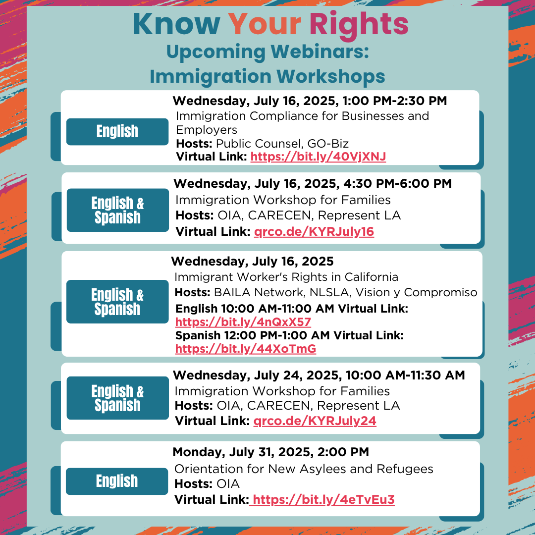 CIFDLA's tweet image. City and County leaders and partners are hosting new Know Your Rights workshops in the coming weeks. Learn more about immigrants' rights and resources during these virtual workshops. #KnowYourRights #LA4Families