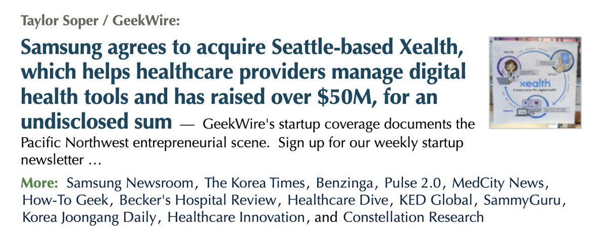 mcscary's tweet image. For the past decade this is my homepage for technews. I love when we make the @Techmeme feed...great seeing the buzz and this represents the collective tech world's enthusiasm for the deal! Thanks @Taylor_Soper and @geekwire
@xealthinc @SamsungMobile @Samsung #digitalhealth