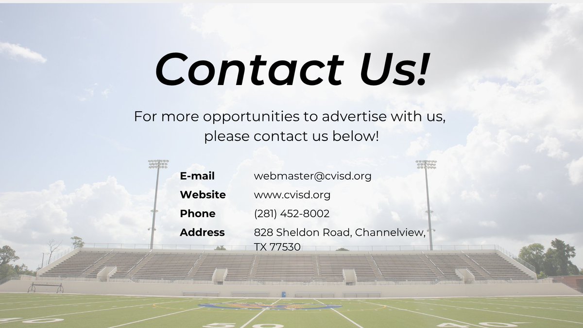 ChannelviewISD's tweet image. Have your business shine under the Friday Night Lights with our new advertisement program!
📷Stand out as a supporter of Channelview public education!
For more information on criteria and requirements, please contact us at webmaster@cvisd.org or give us a call at (281) 452-8002!