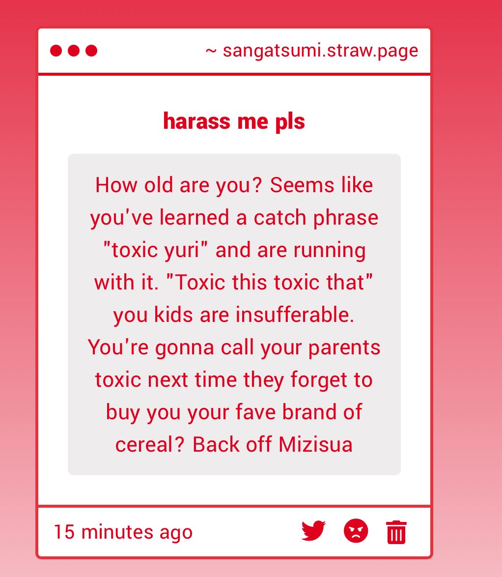 sangatsumi's tweet image. im a 20 yr old minor😢 also i have no parents so i will have to weaponize victimhood elsewhere sorry anon… ur right i will back off mizisua and stop enjoying their canon dynamic and i will also stop writing sua ukeabuse im sorry #repenting