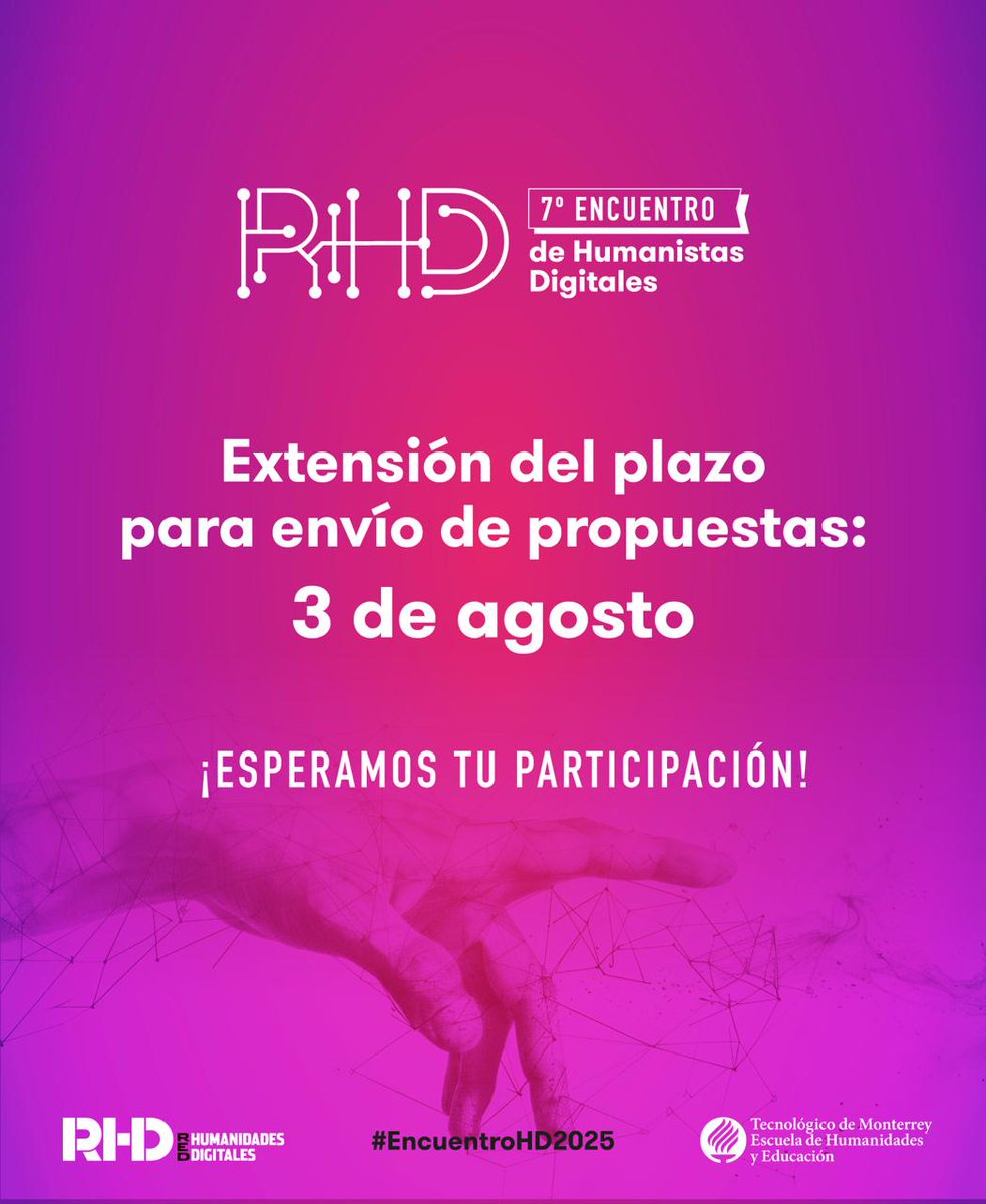 Red HD (@red_hd) on Twitter photo 🚨 ¡Se amplía la fecha!
Tienes hasta el 3 de agosto para enviar tu propuesta al #EncuentroHD2025, que se celebrará del 15 al 17 de octubre en el <a href="/TecdeMonterrey/">Tecnológico de Monterrey</a> 🎓
🎯 Temas: IA, docencia, archivos, datos, ética y más.
🔗 viiencuentro.humanidadesdigitales.net
#RedHD #HumanidadesDigitales 🚨 ¡Se amplía la fecha!
Tienes hasta el 3 de agosto para enviar tu propuesta al #EncuentroHD2025, que se celebrará del 15 al 17 de octubre en el <a href="/TecdeMonterrey/">Tecnológico de Monterrey</a> 🎓
🎯 Temas: IA, docencia, archivos, datos, ética y más.
🔗 viiencuentro.humanidadesdigitales.net
#RedHD #HumanidadesDigitales