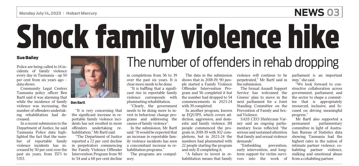 TabathaBadger's tweet image. Truely horrifying statistics. Indeed why we need to do things differently.
Support for our proposal to establish a Joint Standing Committee in the new parliament is overwhelming - so let’s get on with it, let’s see Tasmania step up on eliminating FD&S violence in our community