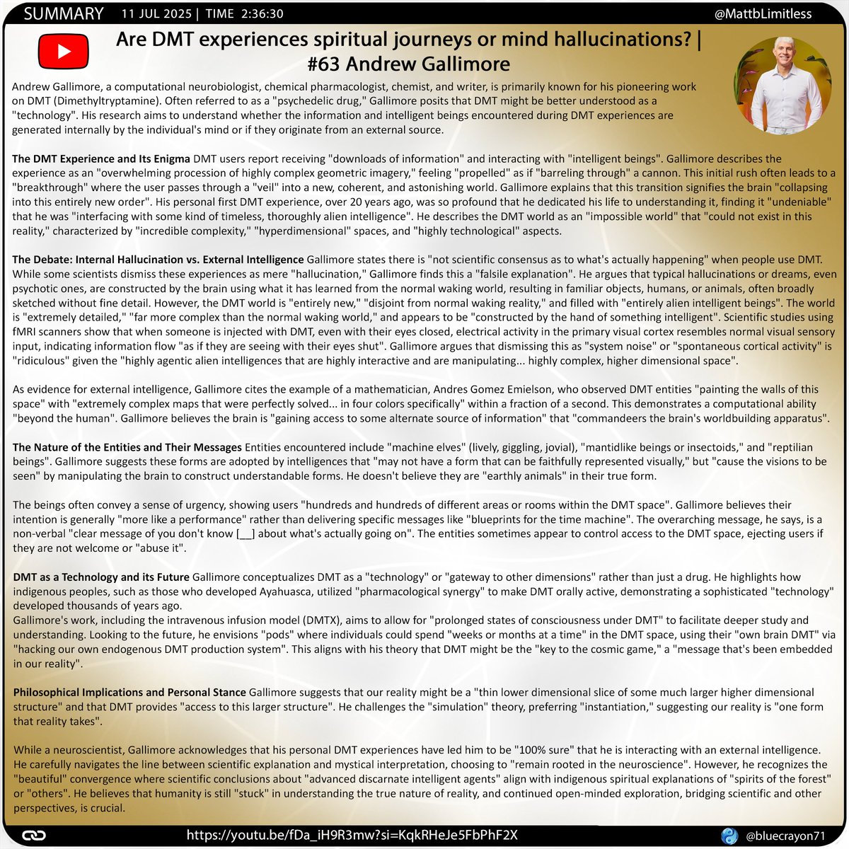 bluecrayon71's tweet image. Are DMT experiences spiritual journeys or mind hallucinations? |#63 Andrew Gallimore @MattbLimitless

🔗youtu.be/fDa_iH9R3mw?si…

#IntelligentBeings #ExternalSourceDebate #AlienIntelligence #HyperdimensionalWorlds  #RealityasSlice #TimelessExperience #UAPConnection  #EntityControl