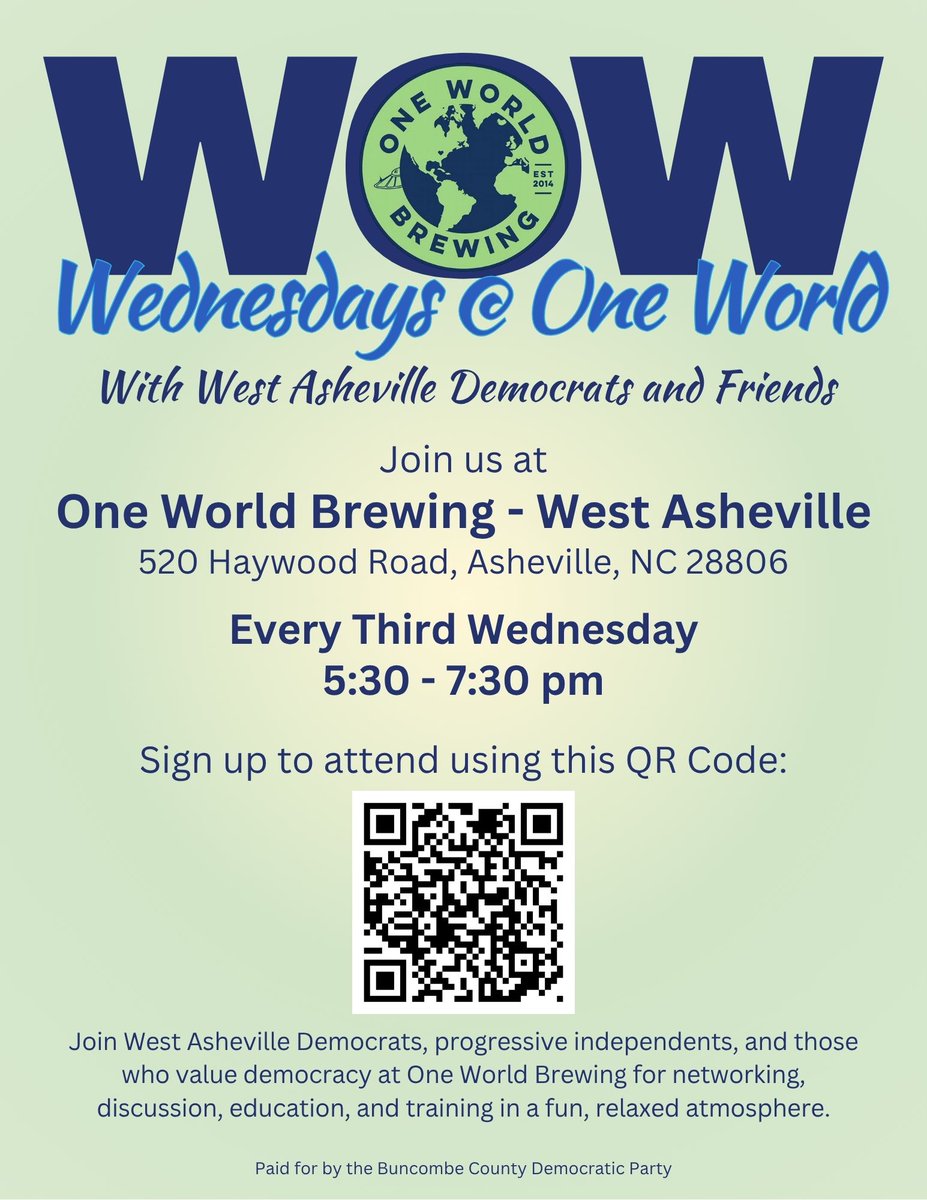BuncombeDems's tweet image. West Asheville Democrats welcome you to Wednesdays @ One World tomorrow evening at One World Brewing in West Asheville, from 5:30 to 7:30 p.m. The topic will be Protecting Marriage Equality, starting around 6 p.m. All are welcome. Learn more: bit.ly/4lUto89